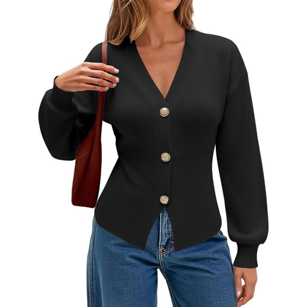 Women's Cropped V Neck Button Cardigan Sweater Ribbed Knit Fall Winter